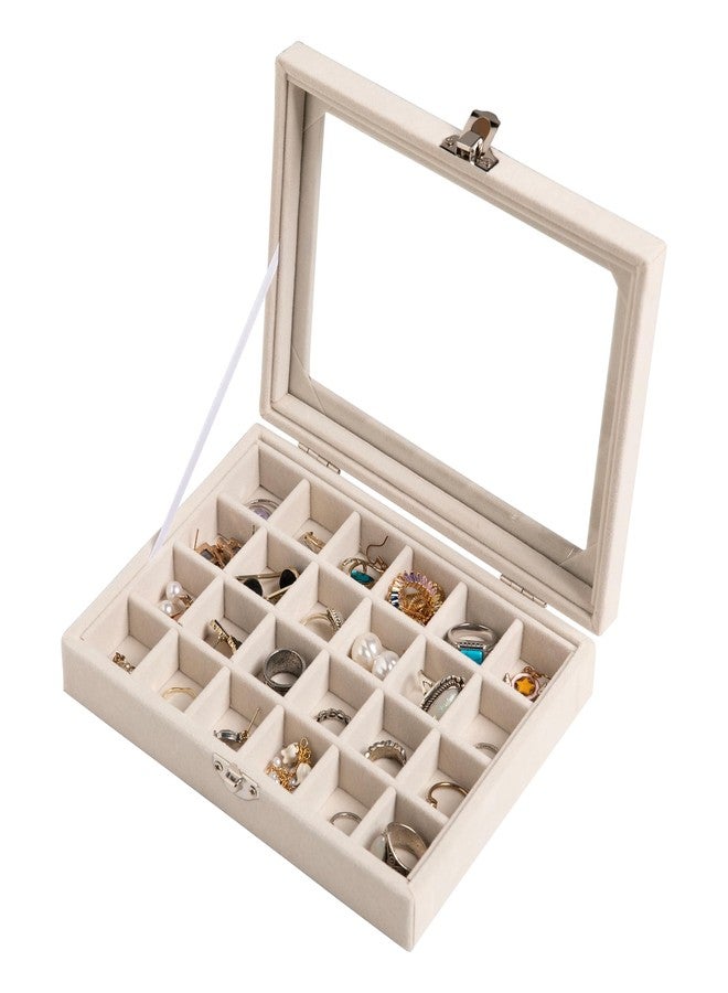 Zeinwap 24-Grid Jewelry Tray Organizer with Clear Lid | Velvet Earring & Ring Storage Box | Lockable Stud Earring Holder for Women & Girls, Beige - Image 1