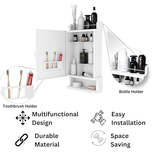 GLOXY Bathroom Cabinet with Mirror | Unbreakable ABS Premium Multipurpose Bathroom Mirror Cabinet with Shelves Storage & Mirror Door | Decorative Wall Shelf | Bathroom Accessories (White) - Image 2
