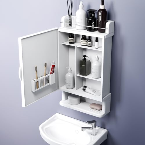GLOXY Bathroom Cabinet with Mirror | Unbreakable ABS Premium Multipurpose Bathroom Mirror Cabinet with Shelves Storage & Mirror Door | Decorative Wall Shelf | Bathroom Accessories (White) - Image 1