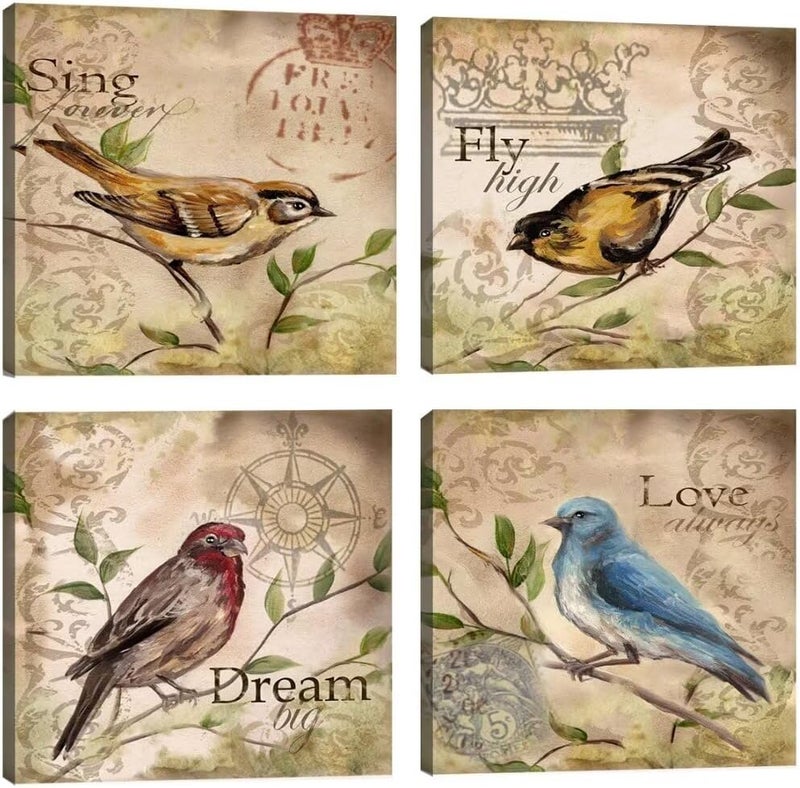 Wall HDQ Bird Wall Art Hummingbird Wall Decor Inspirational Quote Canvas Painting Retro Brown Print Picture for Bathroom Living Room Bedroom Home Decor (10''x10'' x 4Pcs) - Image 1