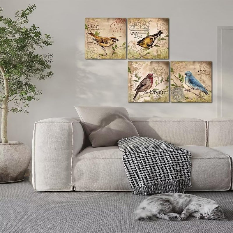 Wall HDQ Bird Wall Art Hummingbird Wall Decor Inspirational Quote Canvas Painting Retro Brown Print Picture for Bathroom Living Room Bedroom Home Decor (10''x10'' x 4Pcs) - Image 3