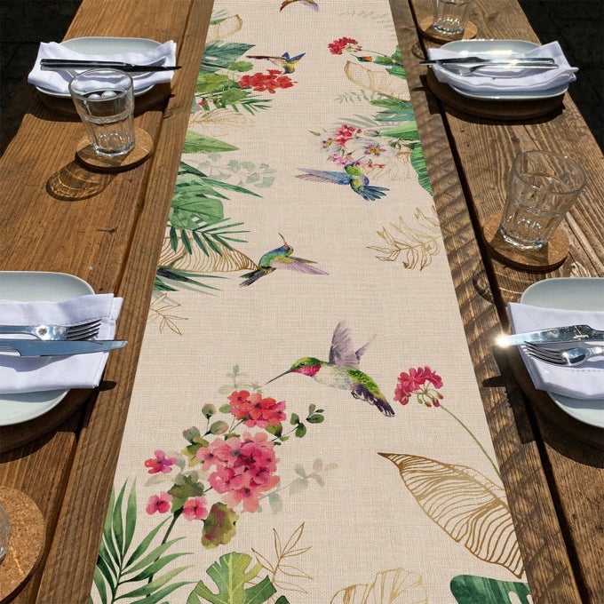 SUMMER TROPICAL HUMMINGBIRD PALM LEAF GREENERY TABLE RUNNER SPRING BIRDS HOME KITCHEN MONSTERA GERANIUM FLOWERS DINING DECOR SEASONAL BURLAP DECORATIONS ANNIVERSARY PARTY SUPPLY 13 X 72 INCH
