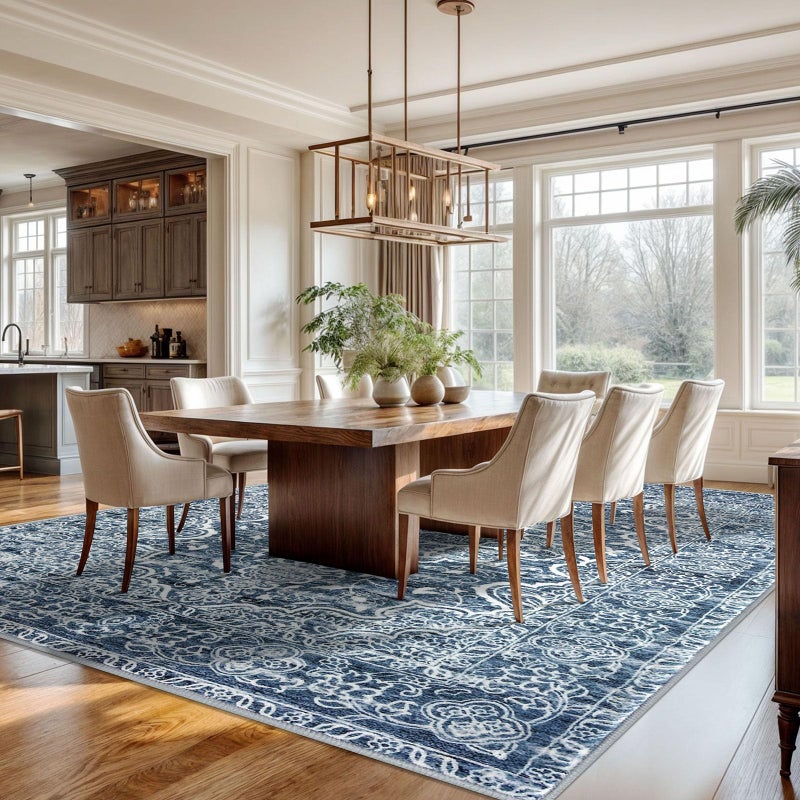 KUTA 9x12 Vintage Area Rug for Living Room, Washable Large Rugs for Bedroom 9ft x 12ft Non-Slip, Blue White Ultra Soft Printed Modern Floral Distressed Dining Room Low-Pile Carpet - Image 3