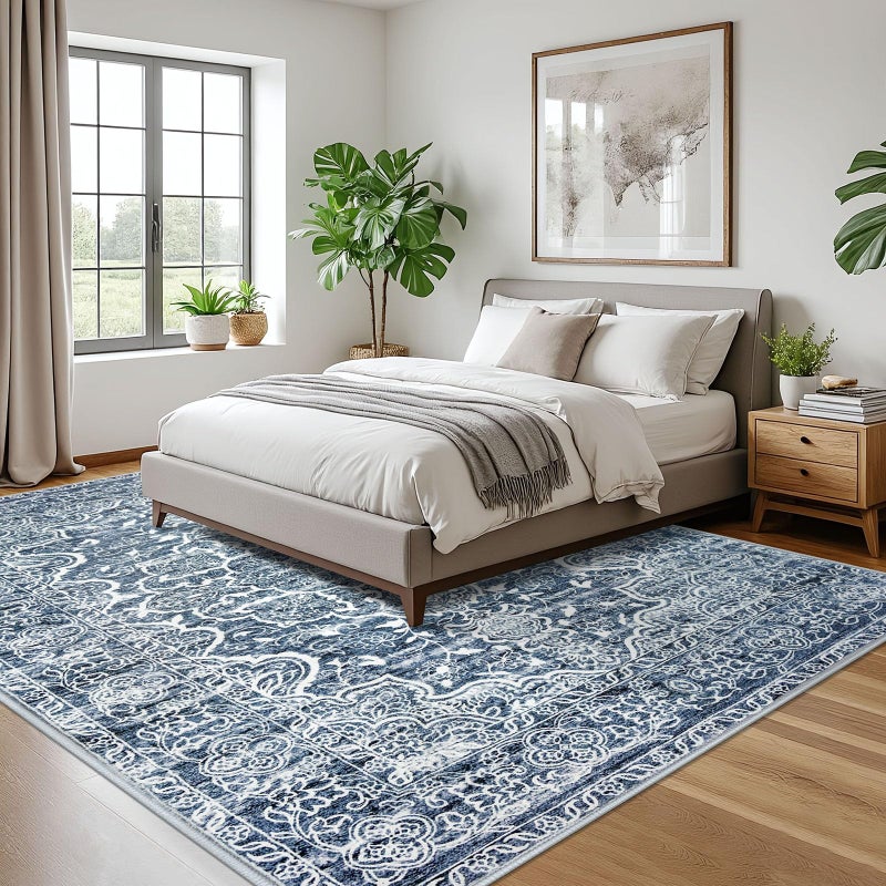 KUTA 9x12 Vintage Area Rug for Living Room, Washable Large Rugs for Bedroom 9ft x 12ft Non-Slip, Blue White Ultra Soft Printed Modern Floral Distressed Dining Room Low-Pile Carpet - Image 2