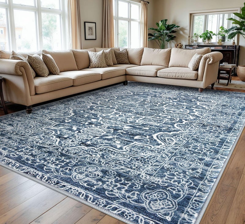 KUTA 9x12 Vintage Area Rug for Living Room, Washable Large Rugs for Bedroom 9ft x 12ft Non-Slip, Blue White Ultra Soft Printed Modern Floral Distressed Dining Room Low-Pile Carpet - Image 1