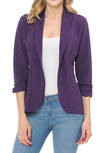 MINEFREE Women's 3/4 Ruched Sleeve Lightweight Work Office Blazer Jacket Eggplant L - Image 2