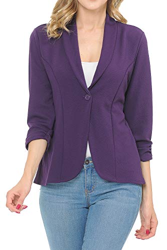 MINEFREE Women's 3/4 Ruched Sleeve Lightweight Work Office Blazer Jacket Eggplant L - Image 1