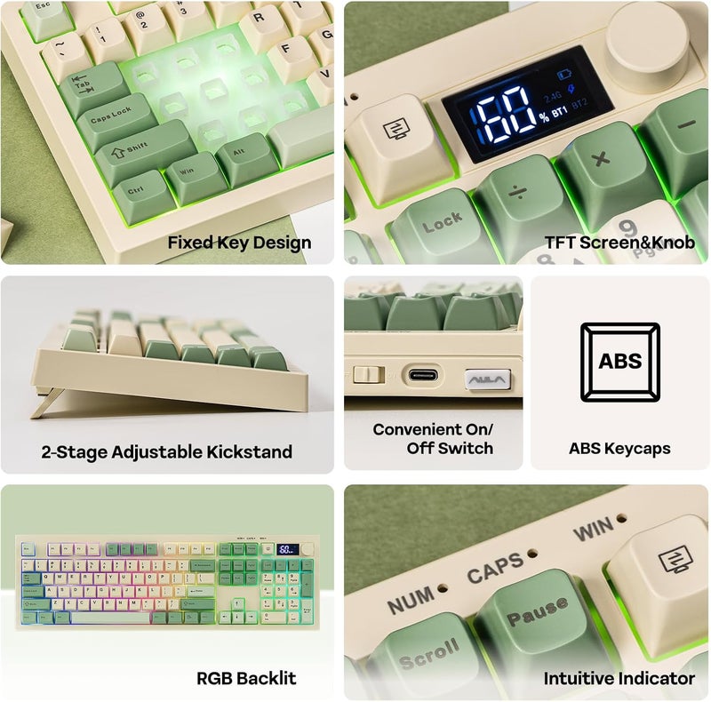 EPOMAKER AULA S102 PRO Wireless Membrane Keyboard with TFT Screen and Number Pad, 2000mAh, RGB Backlit, Media Knob, 105 Keys, Full Size Wireless Gaming Keyboard (Yellow) - Image 3