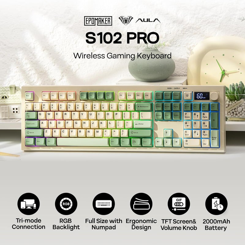 EPOMAKER AULA S102 PRO Wireless Membrane Keyboard with TFT Screen and Number Pad, 2000mAh, RGB Backlit, Media Knob, 105 Keys, Full Size Wireless Gaming Keyboard (Yellow) - Image 2