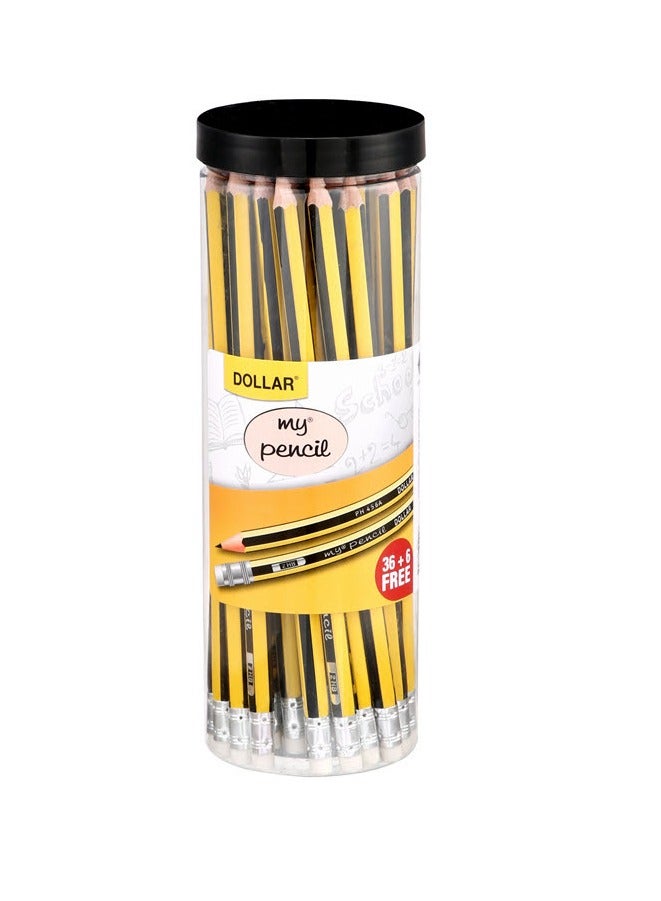 Dollar HB2 Black Lead Pencils (Yellow Black Body), Sharpened With Eraser (Jar of 42 Pcs) - Image 1