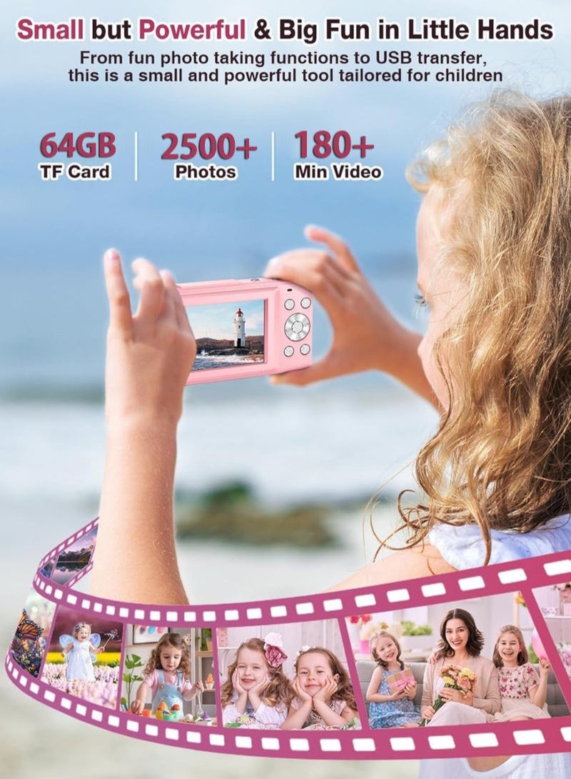 ديقيساند كاميرا رقمية، كاميرا أطفال بدقة 44 ميجابكسل FHD 1080P مع تقريب بصري 16x وميزة منع الاهتزاز، وبطاقة ذاكرة 64 جيجابايت، كاميرا صغيرة الحجم للأولاد/البنات (لون وردي) - Image 4