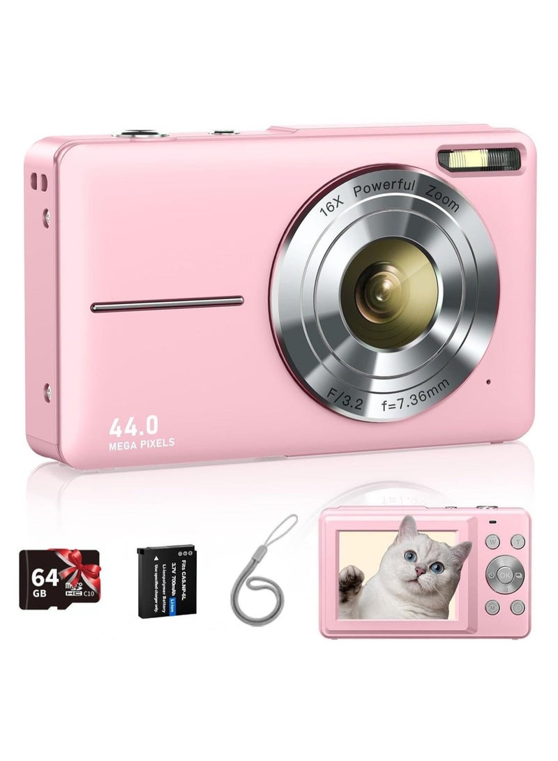 ديقيساند كاميرا رقمية، كاميرا أطفال بدقة 44 ميجابكسل FHD 1080P مع تقريب بصري 16x وميزة منع الاهتزاز، وبطاقة ذاكرة 64 جيجابايت، كاميرا صغيرة الحجم للأولاد/البنات (لون وردي) - Image 1