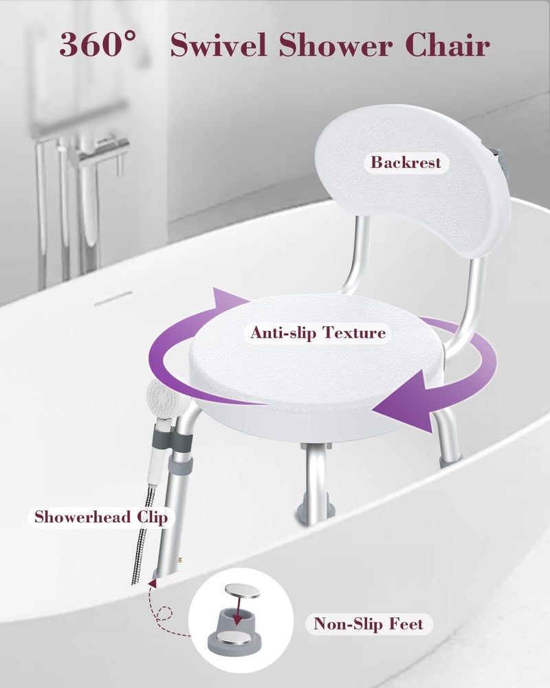 Fvzzin Swivel Shower Chair, 360° Non-Slip Shower Seat with Backrest for Elderly and Disabled, Height Adjustable Rotating Tub Bench for Seniors Bathroom Inside Shower with Compact Frame (White) - Image 2