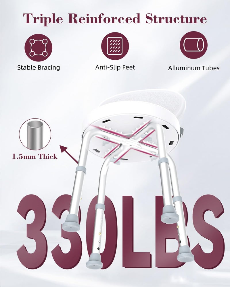Fvzzin Swivel Shower Chair, 360° Non-Slip Shower Seat with Backrest for Elderly and Disabled, Height Adjustable Rotating Tub Bench for Seniors Bathroom Inside Shower with Compact Frame (White) - Image 3