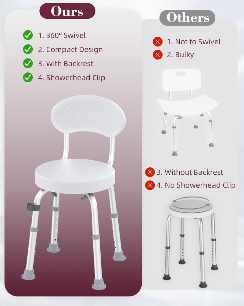 Fvzzin Swivel Shower Chair, 360° Non-Slip Shower Seat with Backrest for Elderly and Disabled, Height Adjustable Rotating Tub Bench for Seniors Bathroom Inside Shower with Compact Frame (White) - Image 4