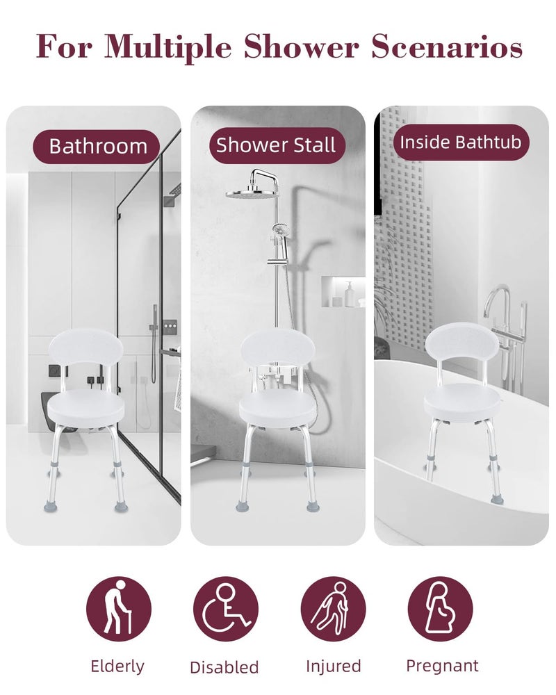 Fvzzin Swivel Shower Chair, 360° Non-Slip Shower Seat with Backrest for Elderly and Disabled, Height Adjustable Rotating Tub Bench for Seniors Bathroom Inside Shower with Compact Frame (White) - Image 5