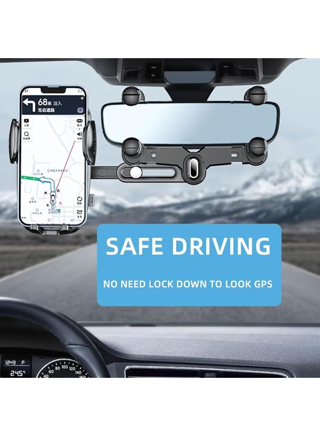 Excefore Rearview Mirror Phone Holder For Car, 360°Rotatable And Retractable Car Phone Holder Multifunctional Rear View Mirror Phone Holder, Four Corners Fixed Anti-Shake Design, For All Mobile Phones And Car - Image 4
