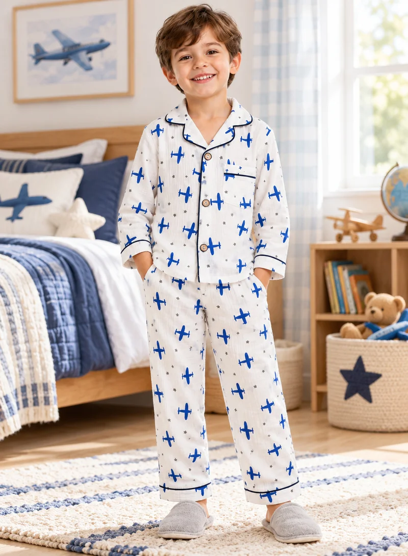 بيبي كلو Boys Blue Airplane Print Muslin Cotton Nightwear Set