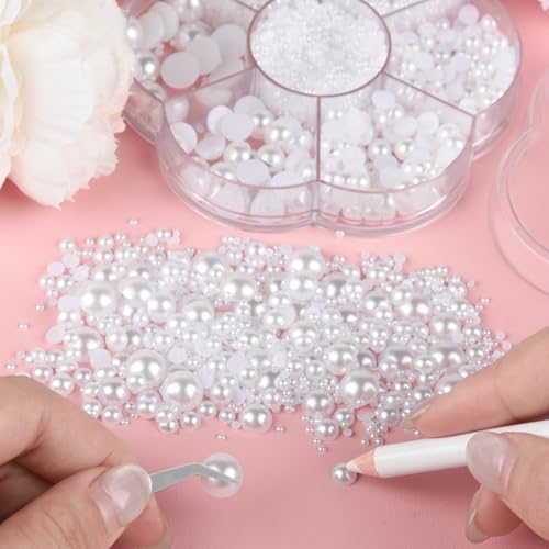 NACHLYNN 6480 Pcs Flat Back Pearls 7 Sizes Half Pearl Bead White Flat Pearls for Nails Graduation Cap Decorations Crafts Embellishment Shoes Clothes Bags DIY Making - Image 4