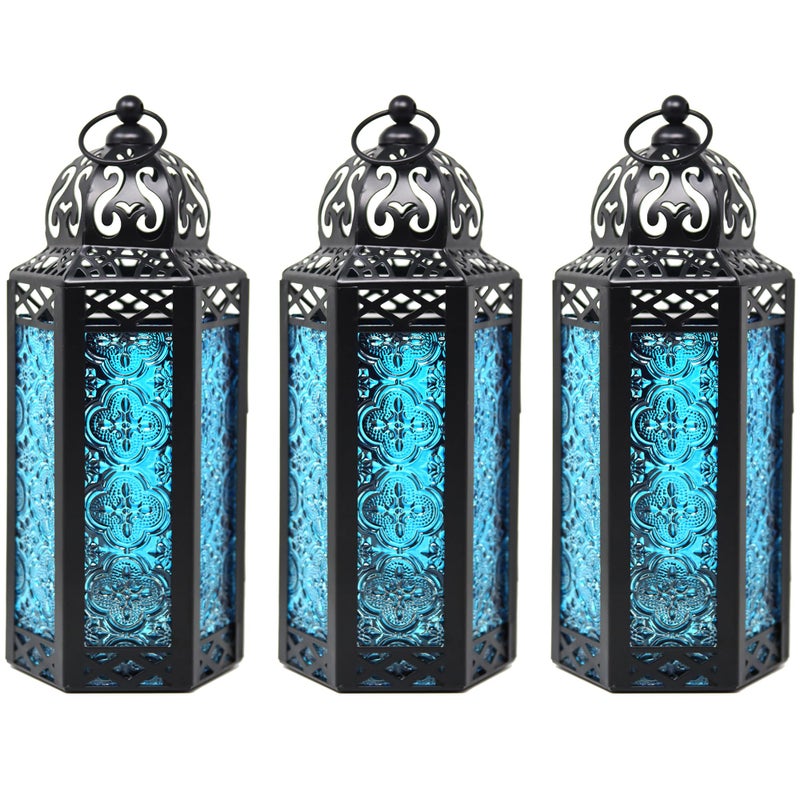 VELA LANTERNS Moroccan Candle Lantern Decorative Candle Holder Lamp for Table or Hanging Ramadan Decorations Indoor Home Decor Outdoor Patio or Porch Weddings Black Metal Blue Glass Medium