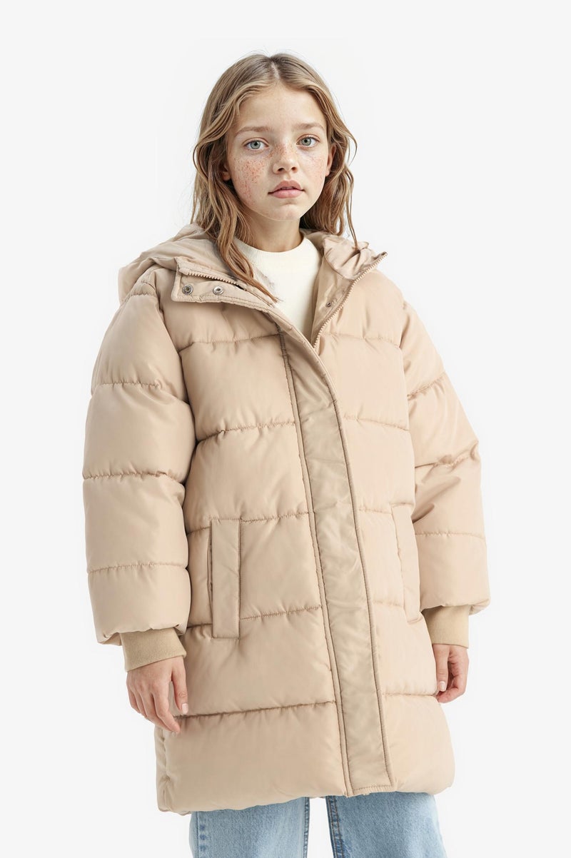 DeFacto Beige Girl Girl Hooded Zip-Up Waterproof Puffer Jacket Casual - Image 3