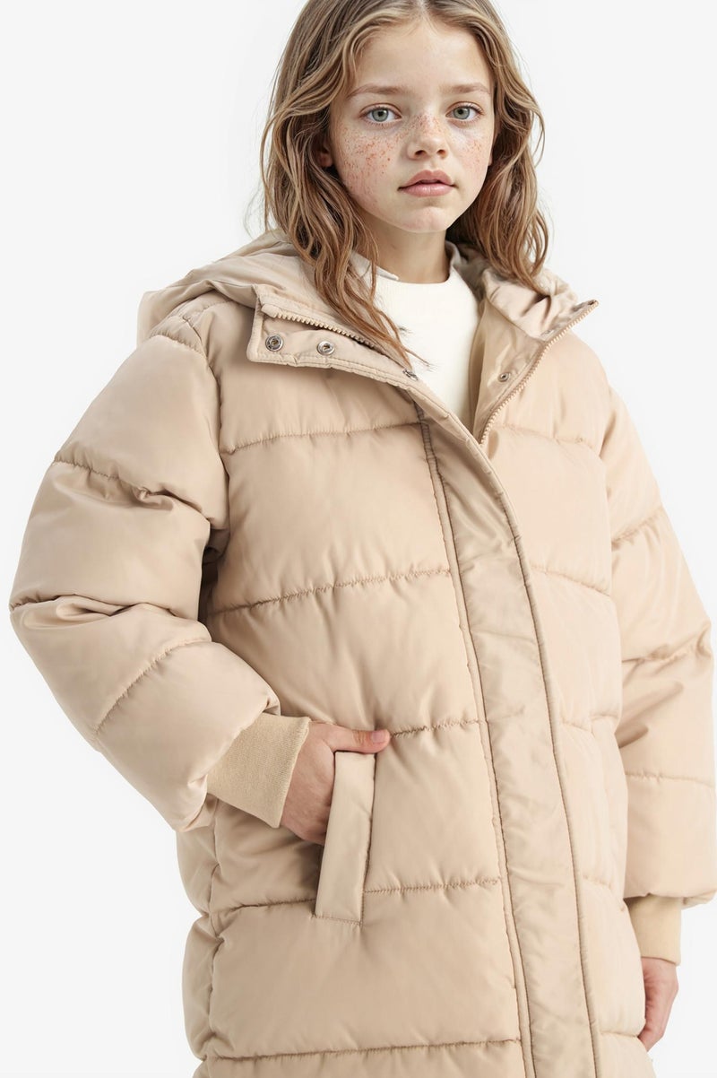 DeFacto Beige Girl Girl Hooded Zip-Up Waterproof Puffer Jacket Casual - Image 4