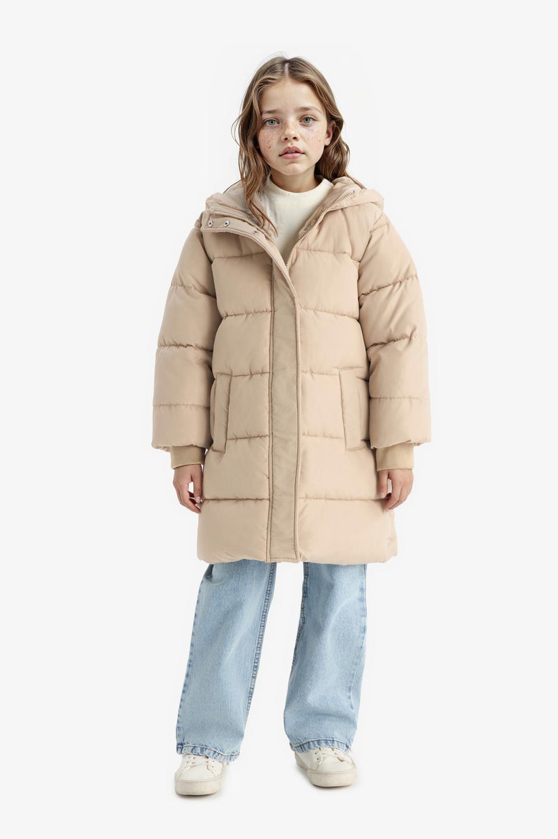 DeFacto Beige Girl Girl Hooded Zip-Up Waterproof Puffer Jacket Casual - Image 2