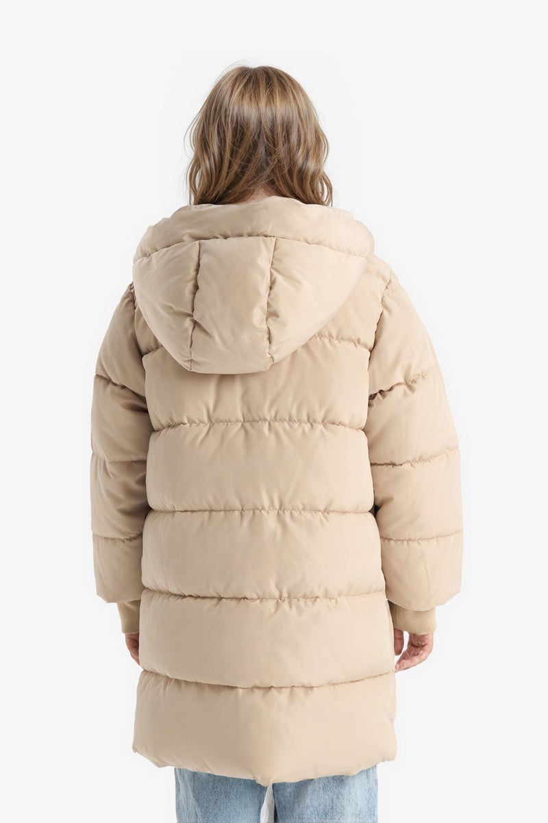 DeFacto Beige Girl Girl Hooded Zip-Up Waterproof Puffer Jacket Casual - Image 5