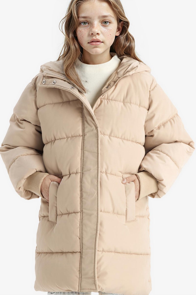 DeFacto Beige Girl Girl Hooded Zip-Up Waterproof Puffer Jacket Casual - Image 1