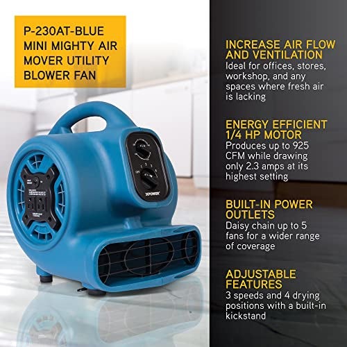 XPOWER P-230AT Mini Mighty 1/4 HP 925 CFM Centrifugal Air Mover, Carpet Dryer, Floor Fan, Blower, Stackable, Daisy Chain, for Water Damage Restoration, Janitorial, Plumbing, Home Use - Image 2