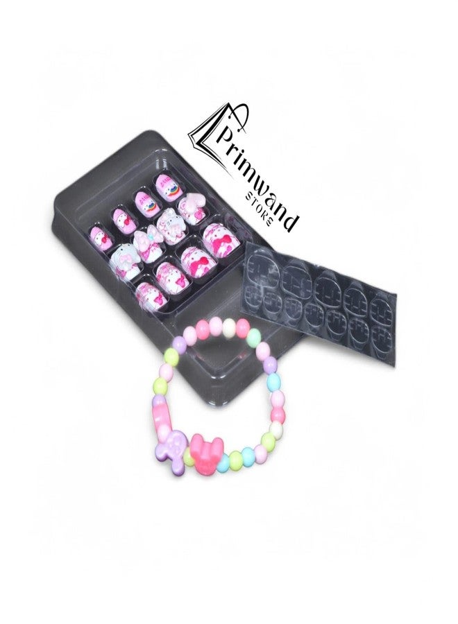 Primwand Kids Press On Nails Set with Glue Tabs & Bracelet | 12 Pcs Cartoon Fake Nails for Girls | Unicorn & Cute Character Nail Art Kit | Reusable DIY Artificial Dress Up Gift for Ages 3-12 Years - Image 3