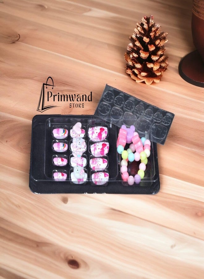 Primwand Kids Press On Nails Set with Glue Tabs & Bracelet | 12 Pcs Cartoon Fake Nails for Girls | Unicorn & Cute Character Nail Art Kit | Reusable DIY Artificial Dress Up Gift for Ages 3-12 Years - Image 4