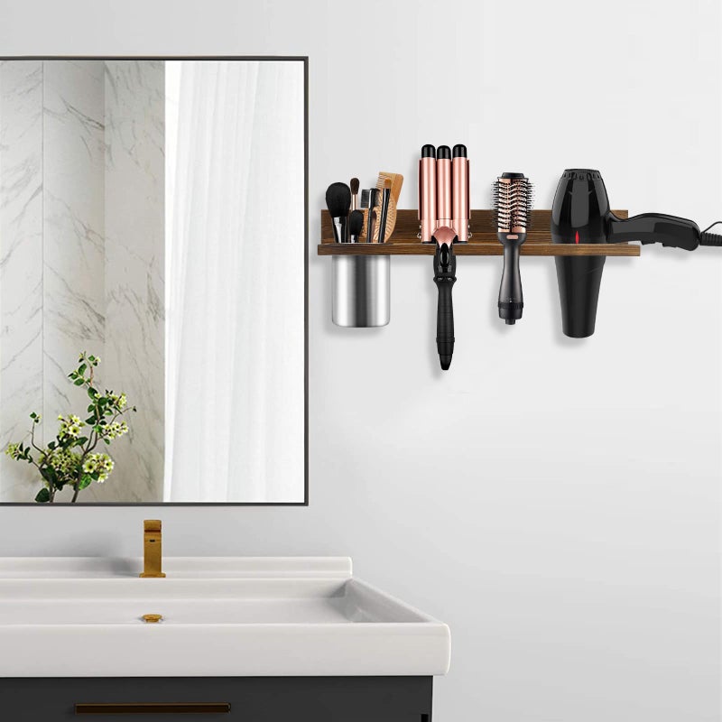 seashpea Hair Tool Organizer Wall Mounted - Wooden Dryer Holder, Blow Dryer Holder for Bathroom, Rustic Styling Tools Organizer for Flat Iron, Curling Wand, Hair Straighteners, Brushes, Brown - Image 2