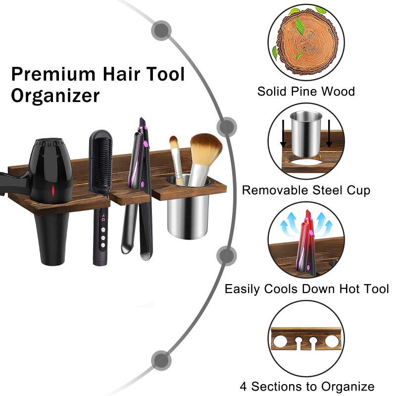 seashpea Hair Tool Organizer Wall Mounted - Wooden Dryer Holder, Blow Dryer Holder for Bathroom, Rustic Styling Tools Organizer for Flat Iron, Curling Wand, Hair Straighteners, Brushes, Brown - Image 4