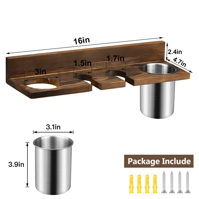 seashpea Hair Tool Organizer Wall Mounted - Wooden Dryer Holder, Blow Dryer Holder for Bathroom, Rustic Styling Tools Organizer for Flat Iron, Curling Wand, Hair Straighteners, Brushes, Brown - Image 5