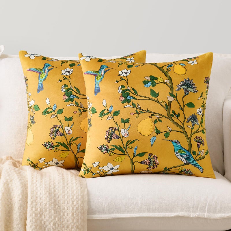 MUSSEL Mustard Yellow Velvet Throw Pillow Covers 20x20 Pack of 2, Vintage Floral Pillow Covers, Mid Century Flower Plant Cushion Covers for Sofa Living Room Home Decor - Image 3