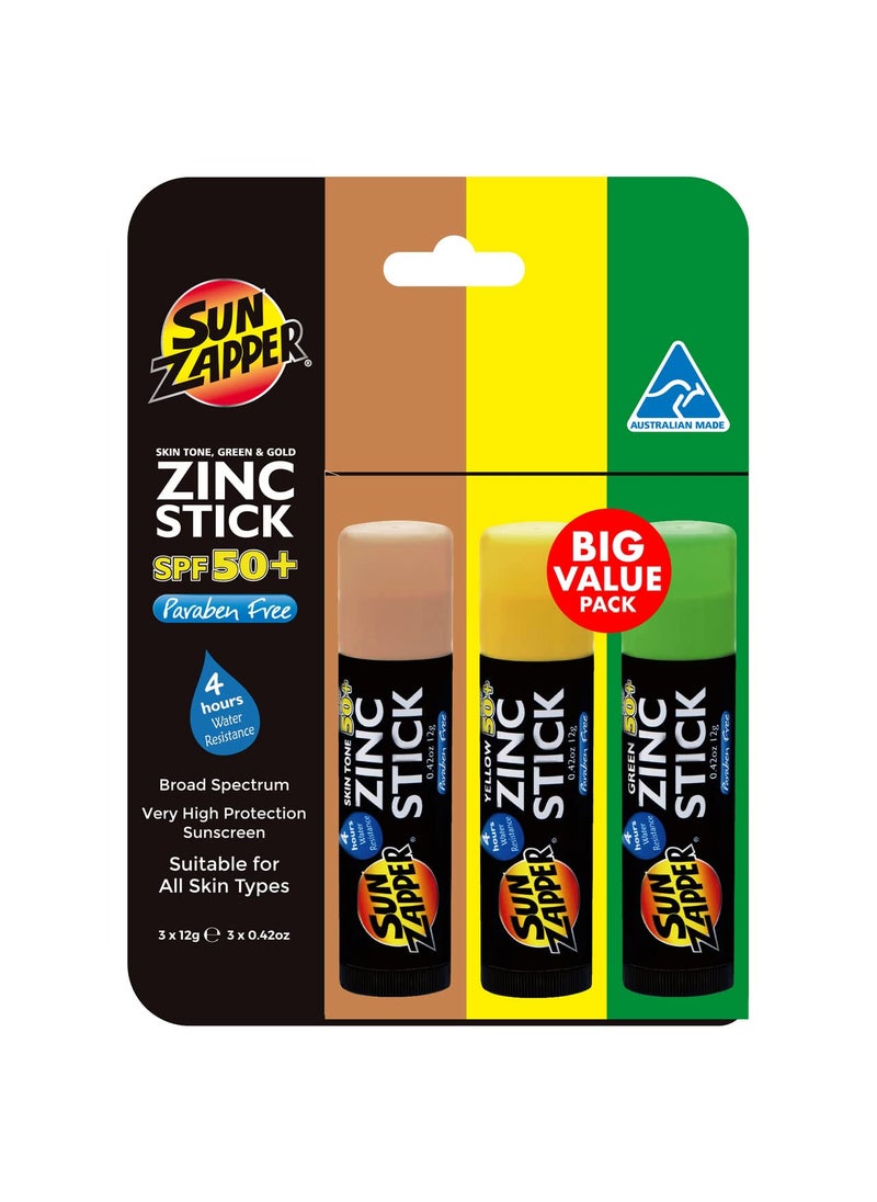 Sun Zapper - Sun Zapper Zinc Oxide Sunscreen Stick  SPF 50  Skin Tone Green  Yellow  3Pack  WaterResistant Sun Protection for Face  Body  12g Each  Made in Australia - Image 1