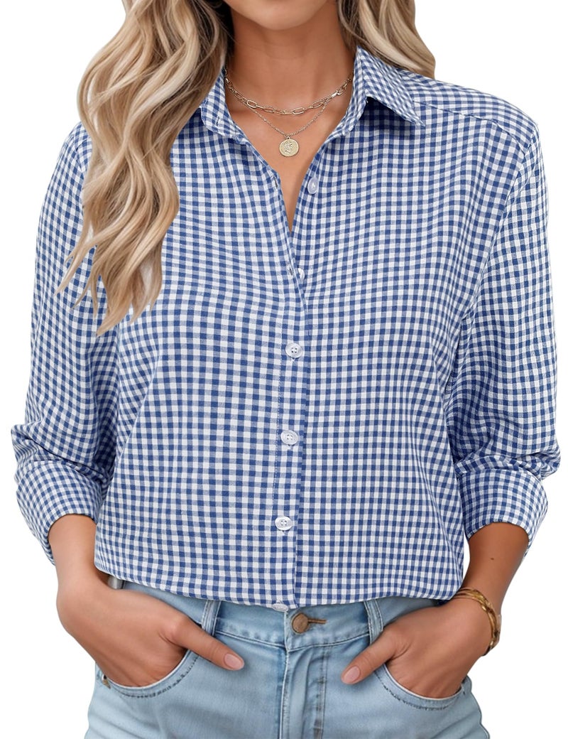 LOMON Women Cotton Button Down Tops Workout Shirts Dressy Casual Tops Linen Button Up Shirt Navy Blue and White Plaid S - Image 1