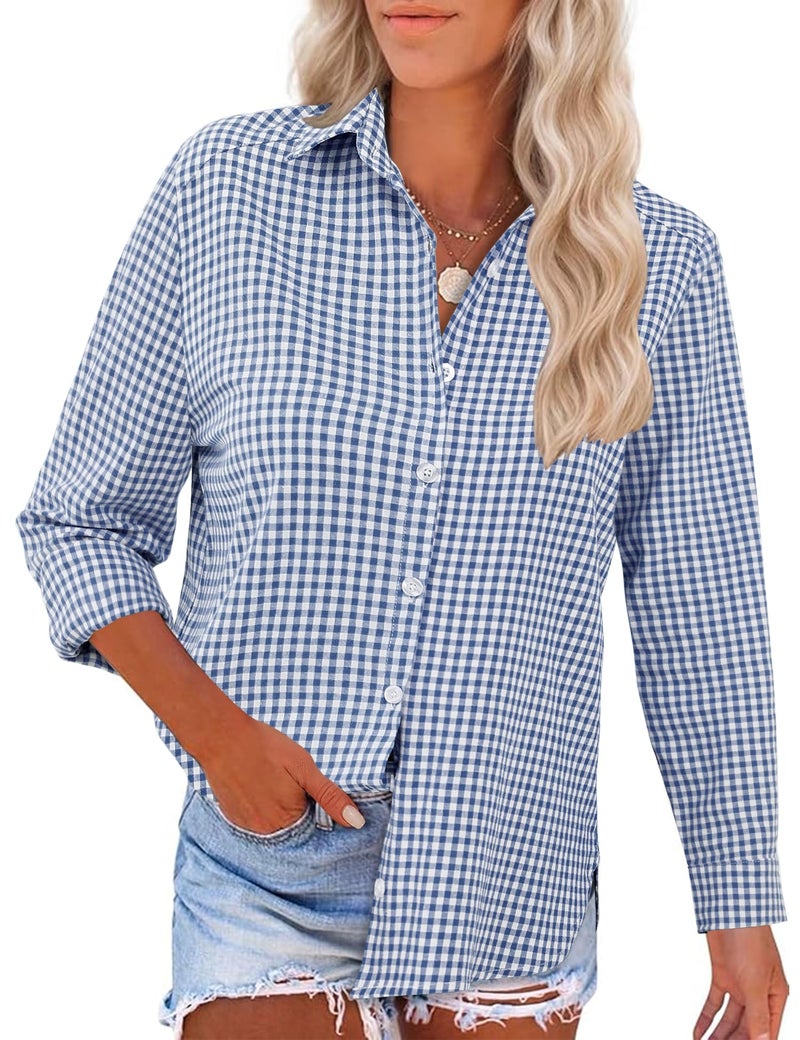 LOMON Women Cotton Button Down Tops Workout Shirts Dressy Casual Tops Linen Button Up Shirt Navy Blue and White Plaid S - Image 2