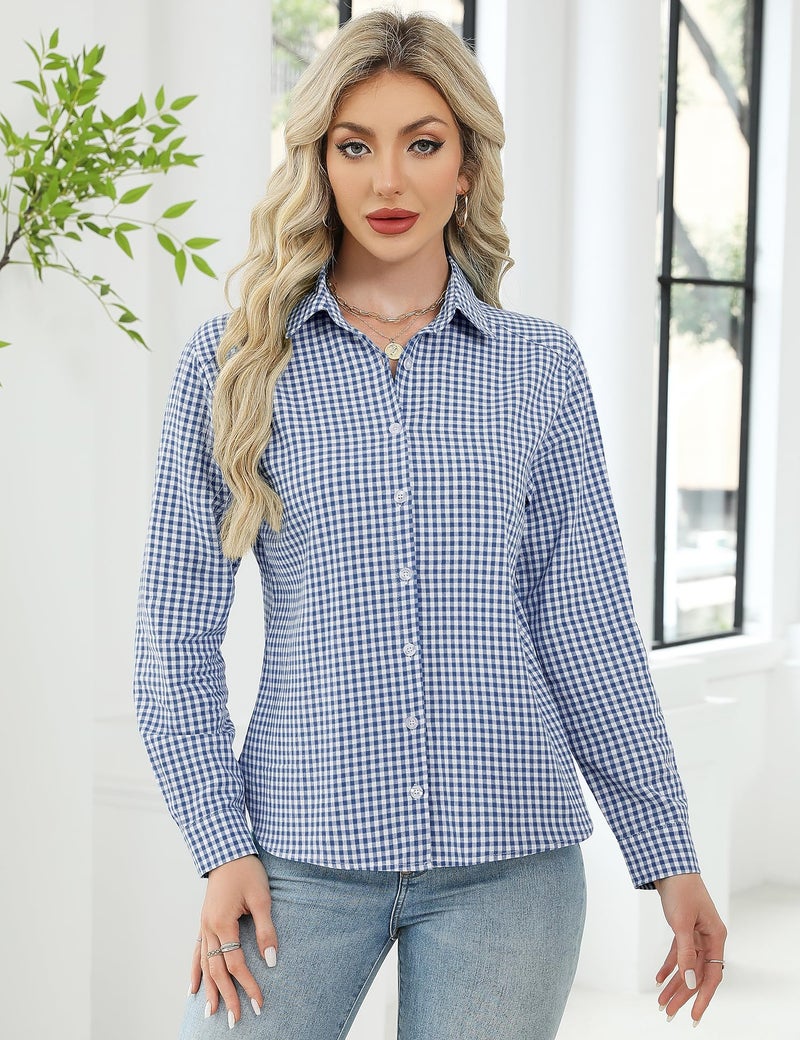 LOMON Women Cotton Button Down Tops Workout Shirts Dressy Casual Tops Linen Button Up Shirt Navy Blue and White Plaid S - Image 3