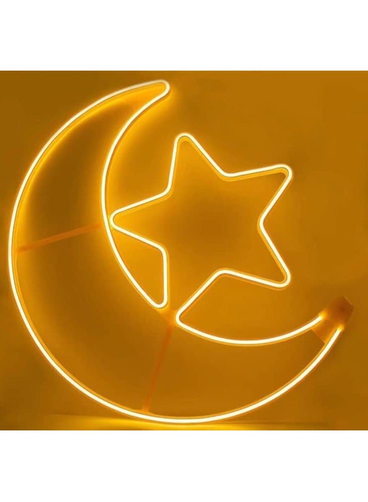 Ramadan Neon LED Light Crescent Moon and Star - Warm White, 60x52x2.2cm, Decoration for Home, Restaurants, Mosques, Hotels  - Image 1