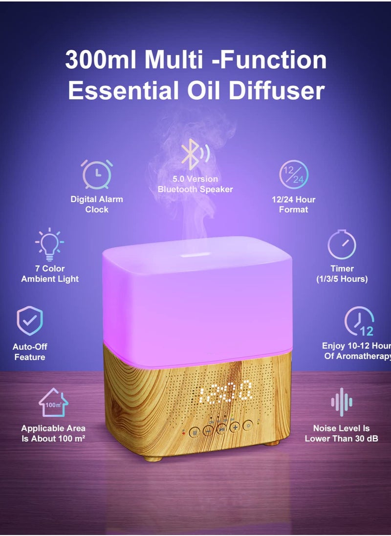 Excefore - 300ML Essential Oil Diffuser with Bluetooth Speaker, Digital Alarm Clock, 7 Color Ambient Light And Timer, Auto-Off Feature,  Aroma Mist Humidifier for Large Room, Office, Yoga - Image 1