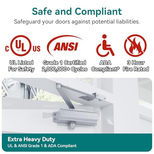 POWAWINI Automatic Door Closer, Adjustable Self Closing, Backcheck Function, ADA Compliant, UL 3 Hour Fire Rated, Grade 1 Heavy Duty, 2 Million Cycles, Residential & Commercial Use, Silver Aluminum - Image 4