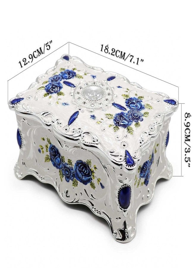 AVESON Luxury Vintage Rectangle Metal Alloy Jewelry Box Trinket Organizer Storage Box with Rose Pattern for Women, Girls, Two-Layer Design, White & Blue, Large - Image 3
