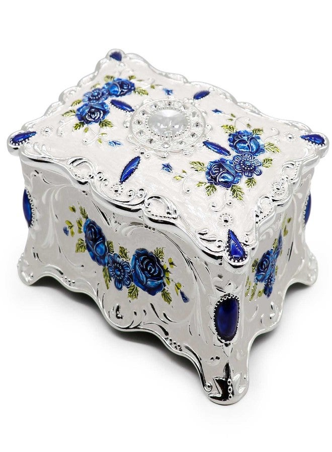 AVESON Luxury Vintage Rectangle Metal Alloy Jewelry Box Trinket Organizer Storage Box with Rose Pattern for Women, Girls, Two-Layer Design, White & Blue, Large - Image 1