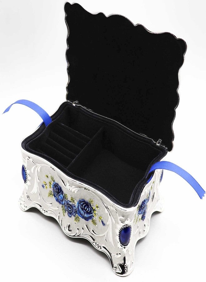 AVESON Luxury Vintage Rectangle Metal Alloy Jewelry Box Trinket Organizer Storage Box with Rose Pattern for Women, Girls, Two-Layer Design, White & Blue, Large - Image 4