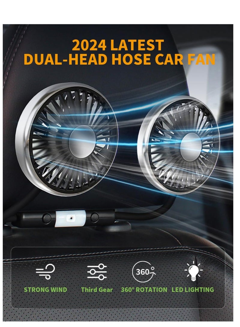 Generic Car Fan for Backseat, Dual Head Hose Car Seat Fan with Led Lights, Portable USB Fan for Car, 3 Speeds  360° Degree Rotatable Cooling Car Window Fan for Vehicles RV SUV Truck  - Image 2