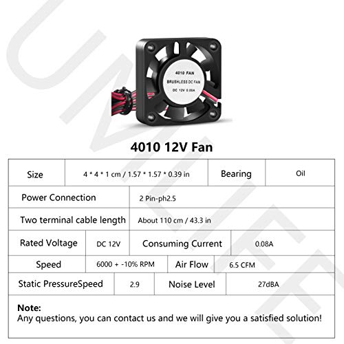 UMLIFE 4PCS 3D Printer Cooling Fan 40mmx40mmx10mm Oil Bearing Blower Fan DC 12V Brushless Cooling Fan with 2 Pin Terminal for Hotend Extruder Heatsinks Makerbot MK7 MK8 CPU Chip (12V 0.08A) - Image 2
