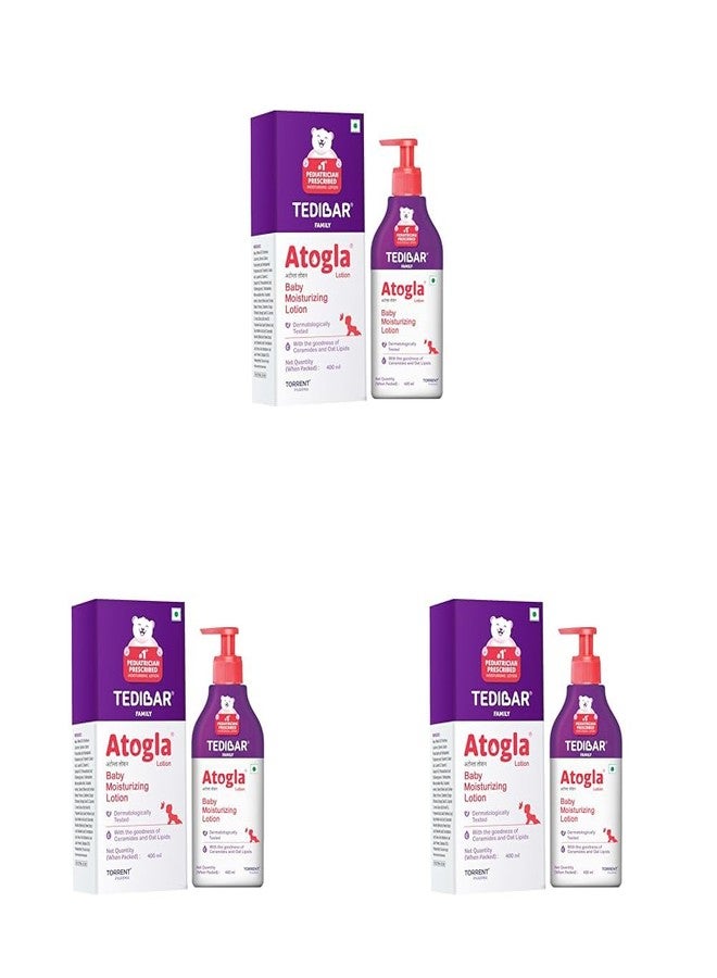 Atogla Baby Lotion 400ml from Tedibar Family with goodness of ceramides and oat lipids | No. 1* Pediatrician prescribed Moisturising Lotion- By Torrent Pharma (Pack of 3) - Image 1