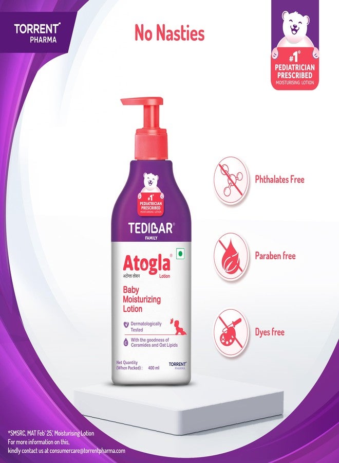 Atogla Baby Lotion 400ml from Tedibar Family with goodness of ceramides and oat lipids | No. 1* Pediatrician prescribed Moisturising Lotion- By Torrent Pharma (Pack of 3) - Image 5